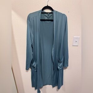 Light Teal Open-Front Lounge Robe with Pockets